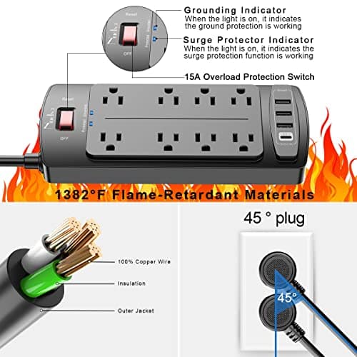 Surge Protector Power Strip - Nuetsa Flat Plug Extension Cord with 8 Outlets and 4 USB Ports, 6 Feet Power Cord (1625W/13A), 2700 Joules, ETL Listed, Black