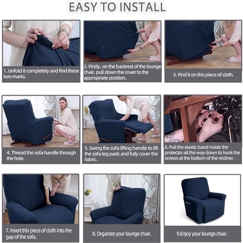 KEKUOU Recliner Chair Covers,Lazy Boy Recliner Covers Stretch Couch Cover Slipcovers 1 Piece Furniture Protector with Elastic Bottom for Dog,Kids.(Recliner, Navy Blue)