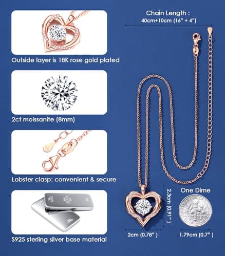 2-3 Ct Moissanite Heart Necklaces for Women, 18K Gold Plated Romantic Pendant for Anniversary Birthday, 925 Sterling Silver Jewelry for Wife Girlfriend Mom Her