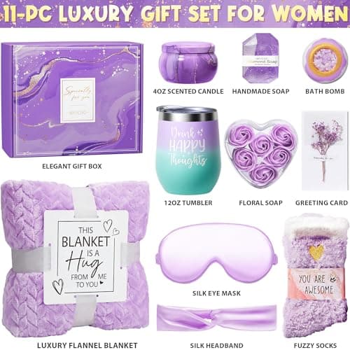 Valentines Day Birthday Gifts for Women Self Care Get Well Soon Gift Baskets, Lavender Relaxing Spa Gift Basket Care Package Flannel Blanket, Unique Gifts for Her Mom Wife Girlfriend Friends Sister