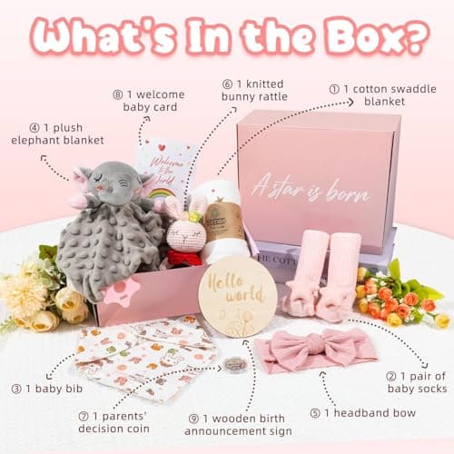 Newborn Baby Girl Gift, 9 Pcs Baby Gifts for Girls Newborn Essentials, New Baby Girl Gift Basket Baby Shower Gender Reveal Gifts, New Mom Gift Swaddle Blanket Bunny Rattle Gift Set