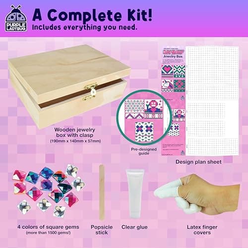 PURPLE LADYBUG DIY Jewelry Box Craft Kit for Girls Ages 4-12, Arts and Crafts for Kids, Creative Toys for Little Girls 6-8 Years Old, Birthday Gift for 5+ Year Old Girl, Mosaic Mermaid Unicorn Design