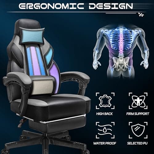 Gaming Chair for Adult, Computer Chair with Footrest Video Game Chair Big and Tall Gaming Chair with Massage Lumbar Support, Adjustable Height and 360° Swivel Seat(Grey)