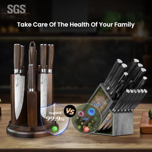 360° Rotatable Block, Japanese Style Chef Knife & Steak Knife Set with Sharpener, Wood Handle, Damascus Pattern, Ideal Gift SYOKAMI 14-Piece Kitchen Knife Set with Magnetic Block, New for 2026 B0CB122YV5