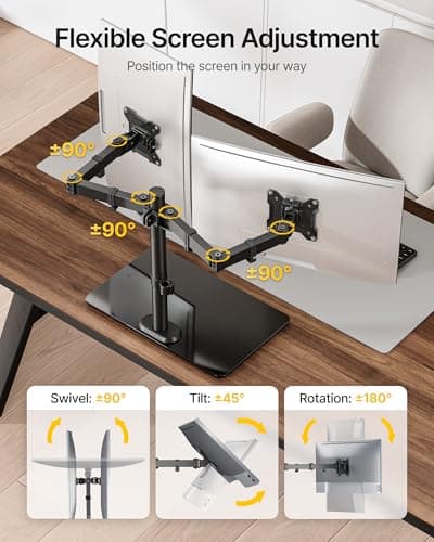 monTEK Freestanding Dual Monitor Stand with Sleek Glass Base for 17-32 inch Screens, Heavy-Duty Dual Monitor Mount Holds 22 lbs per Arm, Fully Motion Height Adjustable, VESA 75/100 MM