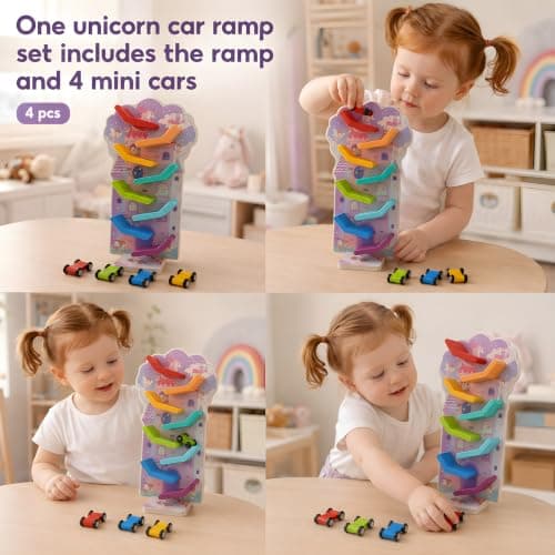 Montessori Toys for 2 Year Old Girls and Boys; Wooden Car Ramp for Cause-and-Effect and Hand-Eye Coordination; Birthday Gift Unicorn Car Ramp Toys for Toddlers 1-3, Wooden Race Track with 4 Mini Cars B0H7HBYL82