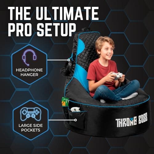 Throne Boss Gaming Bean Bag Chair Cover for Kids with High Back, Blue – Gamer Chair for Kids with 2 x Large Side Pockets, Headphone Hanger, Easy to Clean Fabric, Requires 200 Liters Polystyrene Beans