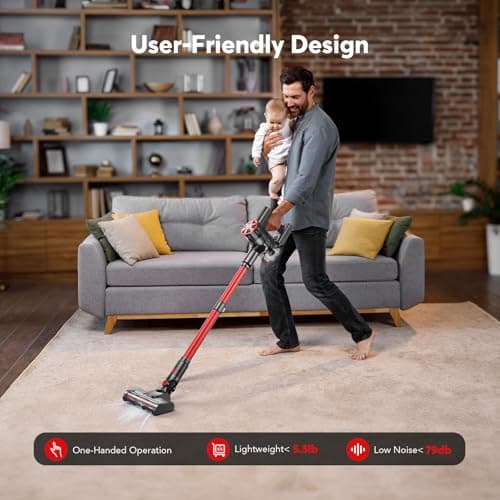 Comvtu Cordless Vacuum Cleaner for Home, 80,000PRM Powerful 4 in 1 Lightweight Stick Vacuum with 2 Adjustable Suctions, Max 40 Mins Runtime, 2600mAh Rechargeable Vacuum Cleaners (Red Hibiscus)