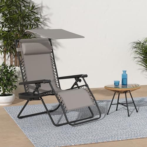 Best Choice Products Folding Zero Gravity Outdoor Recliner Patio Lounge Chair w/Adjustable Canopy Shade, Headrest, Side Accessory Tray, Textilene Mesh - Ice Gray