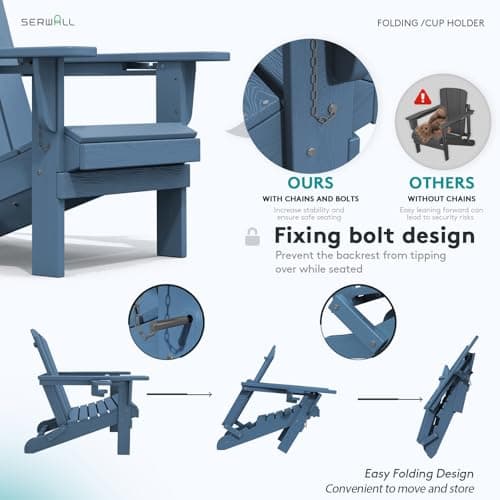 SERWALL Folding Adirondack Chair, HDPE Adirondack Chairs Set of 2, Plastic Outdoor Chairs- Looks Exactly Like Real Wood- Navy