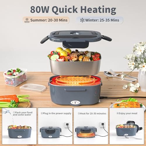 Vingud Electric Lunch Box for Adults, Heated Lunch Box Food Warmer, 80W 1.5L Portable Heating Lunchbox for Men/Work/Car/Truck, 12V 24V 110V Lonchera Eléctrica Portátil Christmas White Elephant Gifts B0C6GMBCP1