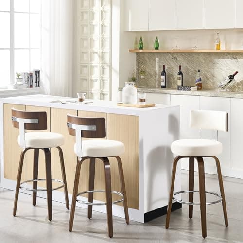 Bekrvio Swivel Counter Height Bar Stools Set of 3, Faux Leather Kitchen Stools Upholstered Barstools with Back, Walnut Wood Legs, Mid Century Island Chairs Counter Stools, 26" Seat Height, White