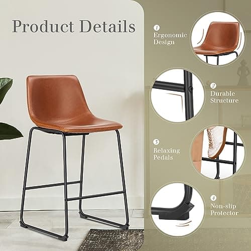 DUMOS 26 Inch Counter Height Bar Stools Set of 4, Modern Faux Leather High Barstools with Back and Metal Leg, Upholstered Bar Chairs for Kitchen Island, Brown