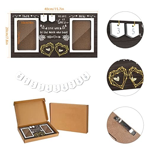 Then & Now Anniversary Picture Frame - 1-99 Years Anniversary Wedding Gift for Couple, Engagement Bridal Shower Gifts for Couples Wood Photo Frame Holds 2 4x6 Inches Photos
