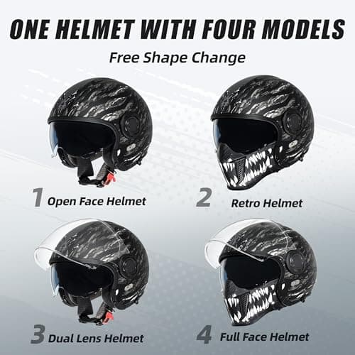 TRIANGLE Convertible Full Face Motorcycle Helmet DOT Approved for Men Women, Multi-Configuration 3/4 Open Face Street Bike Helmet with Internal Tinted Sunshield, Includes Storage Bag