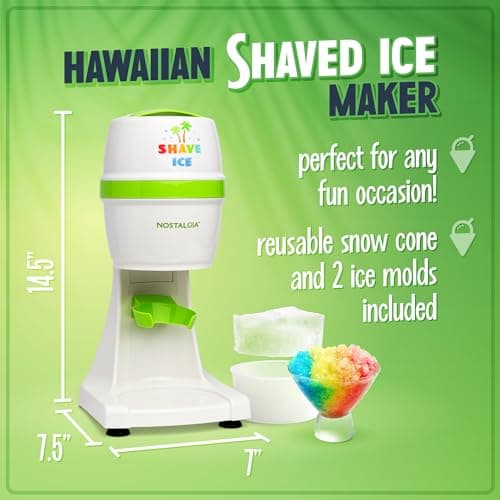 Nostalgia Snow Cone Machine With 1 Reusable Plastic Cup & Dual Ice Molds– Retro Table-Top Shaved Ice Maker with Stainless Steel Blades for Fluffy Ice- Slushie Machine for Fun Gatherings- White & Green