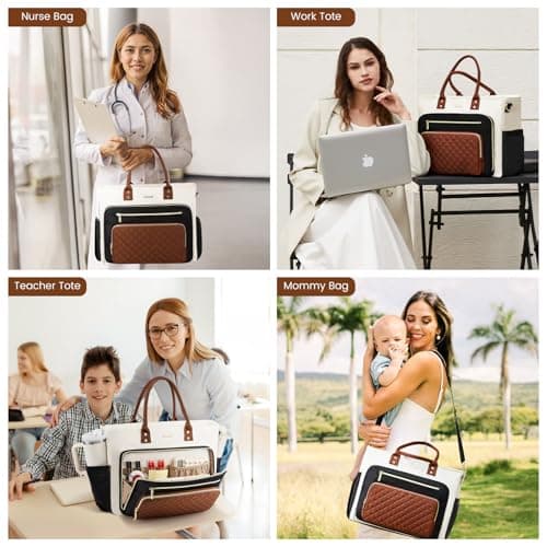 LOVEVOOK Teacher Tote Bag for Women Work, Laptop Bag With Large Cup Holder, Nurse Bags Professional Briefcase Business Computer Purses Bible Handbag Gifts, Black-Beige-Brown, 15.6 Inch B0DTDWKCCF
