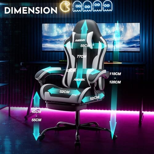 Gaming Chair, Ergonomic Computer Chair with Footrest and Lumbar Support, Height Adjustable Game Chair with 360°-Swivel Seat and Headrest and for Office or Gaming Blackwhite