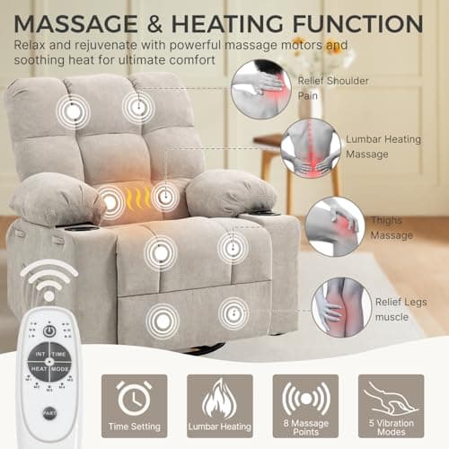 Quiet Massage Recliner Chair with Heat, 360 Swivel Rocker Glider for Nursing, Back Pain Relief, Manual Overstuffed Single Sofa with Cup Holders & Side Pockets, Oatmeal Gray