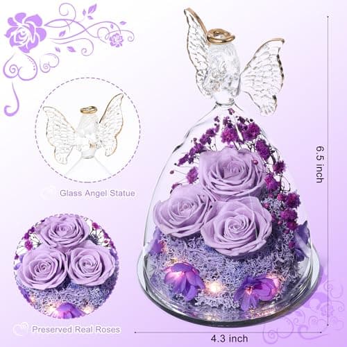 Mothers Day Mom Gifts for Women Preserved Flowers in Glass Angel Forever Flowers Gifts Eternal Roses Gifts for Grandma, Light Purple