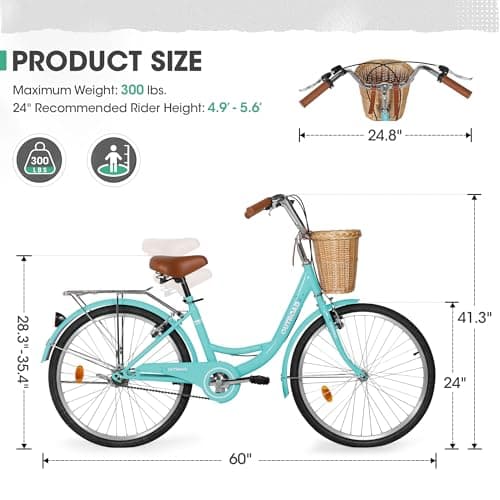 Outroad Beach Cruiser Bike, 24/26 inch Commuter Bicycle for Adult and Women,High-Carbon Steel Comfortable City Bikes with Rear Rack and Basket, (Black/Pink/White/Green/Purple)