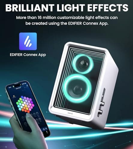Edifier QR65 Desktop Active Monitor with 2.75" Long-Throw Aluminum Diaphragm mid-Low Drivers, Hi-Res Audio, Brilliant Light Effects, 70W Output Power Bluetooth Speakers with Stands - White