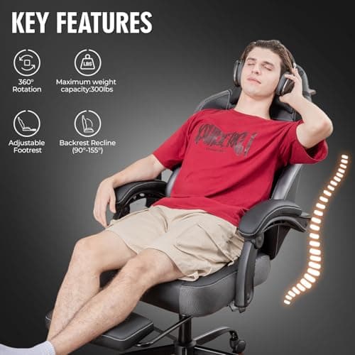 GTPLAYER Gaming Chair, Office Chair High Back Computer Chair with Foot Rest for Adults, Leather Desk Chair Executive Ergonomic Height Adjustable with Headrest and Lumbar Support, 300lbs Grey
