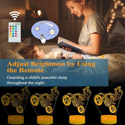 Dirt Bike Night Light, Dirt Bike Gifts for Boy, 3D Illusion Lamp with Remote Control, 16 Colors Changing, RGB Flashing Mode and Dimmable, Gifts for Boys Christmas Decor