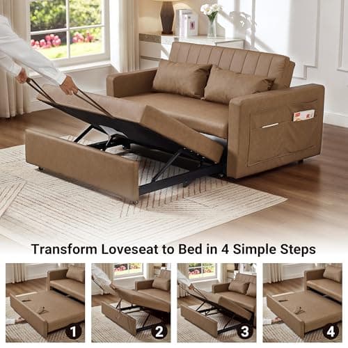 N NOORDENIYA 55'' Leather Sofa Bed, Pull Out Sleeper Sofa Couch Bed, Loveseat Sleeper, Futon Sofa Couch with Side Pocket, Convertible Sofa Bed for Living Room, Apartment, Bedroom, RV, Brown