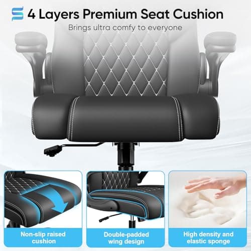 Sytas Executive Leather Office Chair, Comfy Desk Chair with Adjustable Headrest & Flip-up Padded Arms & Lumbar Support, Adjustable Hight and Tilt, Rolling Swivel Chair, Black