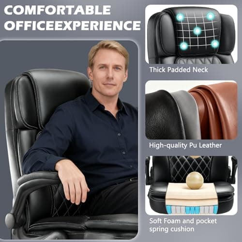 450LBS Big and Tall Executive Office Chair with Flip up Arm, Heavy Duty PU Leather Computer Desk Chair,Comfortable High Back Swivel Home Office Chair with Rolling for Adults,Spring Cushion,Metal Base