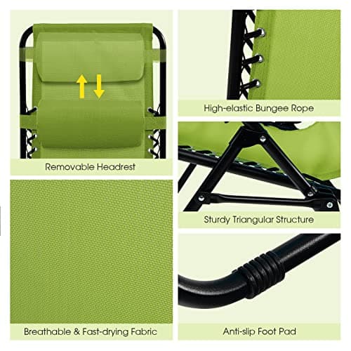 Goplus Zero Gravity Lounge Chairs, 160°Adjustable Folding Recliner w/Pillow and Cup Holder, 350LBS Comfy Outdoor Lounge Chairs for Patio, Lawn, Yard & Camp(Set of 2, Green)