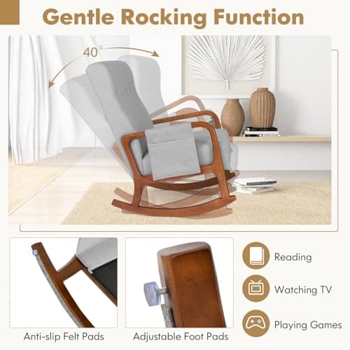 Giantex Rocking Chair with Ottoman, Upholstered Rocker Chair w/Solid Rubber Wood Frame, Side Pocket, Linen Nursery Chair w/Footrest, Tufted Glider Chair for Living Room, Bedroom, Grey