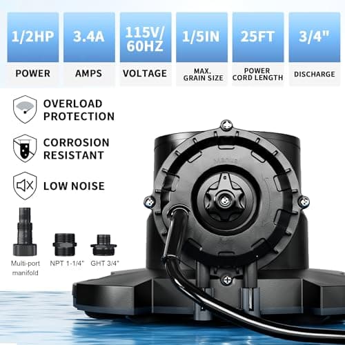LANCHEZ 1/2HP Automatic Pool Cover Pump, 2250GPH Submersible Water Sump Pump with Check Valve & 3 Adapters, 25ft Power Cord, Removal for Swimming Pool, Hot Tubs, Rooftops and more,Black