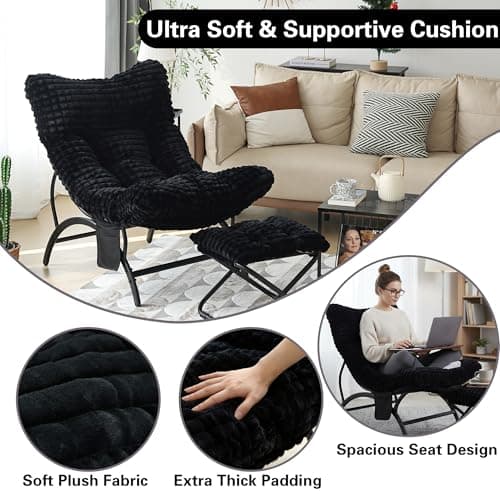 Welnow Black Lazy Chair with Ottoman, Oversized Reading Chair for Adults, Soft Padded Lounge Accent Chair for Living Room, Bedroom, Comfortable Reclining Leisure Chair with Side Pocket