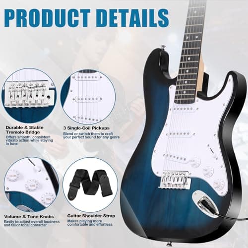 ZENY 39" Full Size Electric Guitar with Amp, Case and Accessories Pack Beginner Starter Package, Blue Ideal Christmas Thanksgiving Holiday Gift