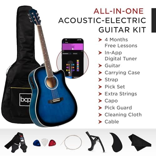 Best Choice Products Beginner Acoustic Electric Guitar Starter Set 41in w/All Wood Cutaway Design, Carrying Case, Strap, Picks, Cable - Blue
