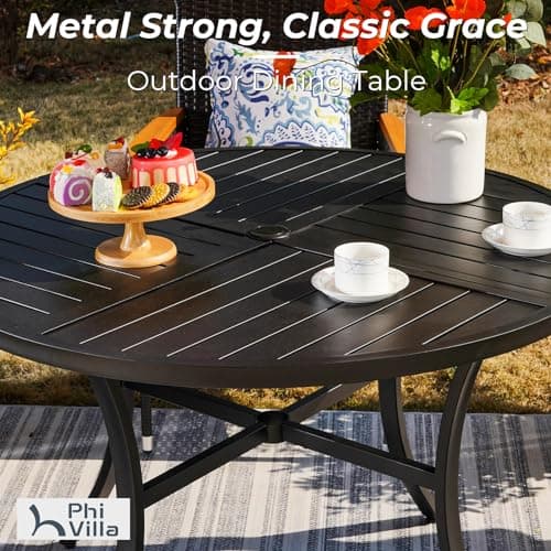 PHI VILLA 5 Pieces Outdoor Dining Set for 4 with Umbrella, 42" Large Round Metal Steel Table & Stackable Iron Chairs with Cushions & 10ft Beige Umbrella, Modern Furniture for Patio, Deck, Yard, Porch