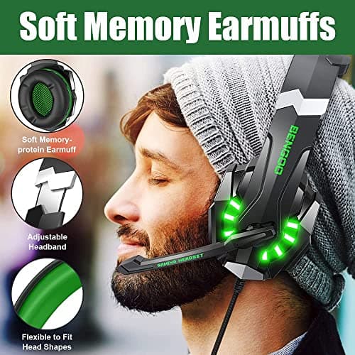 BENGOO G9000 Stereo Gaming Headset for PS4 PC Xbox One PS5 Controller, Noise Cancelling Over Ear Headphones with Mic, LED Light, Bass Surround, Soft Memory Earmuffs for Laptop Mac - Green