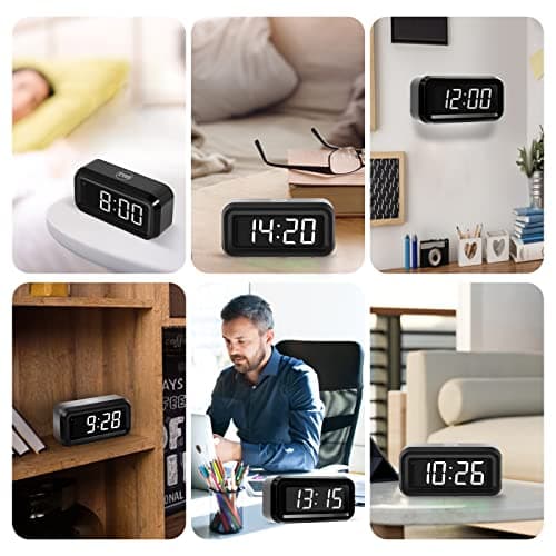Timegyro Digital Alarm Clock Battery Operated with LED Display for Bedrooms, Long Battery Life for 12 Months, 3 Brightness Adjustable, 12/24 Hour, Snooze, Black Case with White Digits
