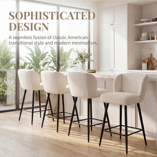 Modern Counter Height Bar Stools Set of 2, 26 Inch Faux Sherpa Upholstered Bar Stools with Back, 18" Seat Wide Island Stools with Black Metal Frame for Kitchen Counter/Breakfast Bar/Restaurant, White