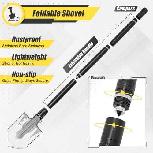 CIRONBOW Folding Camping Shovel Axe Kit，Multifunctional Survival Shovel with Stainless Steel Pickaxe ，pliers,Compass，Locking scissors，Magnetic flashlight- For Camping, Snow, Hiking, Survival Gear