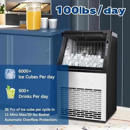 Commercial Ice Maker, 100lbs/24H with 20Lbs Storage, 36 Cubes in 11Mins, Stainless Steel Freestanding & Under Counter Large Ice Machine with LCD Display, Self-Cleaning for Home Bar Restaurant