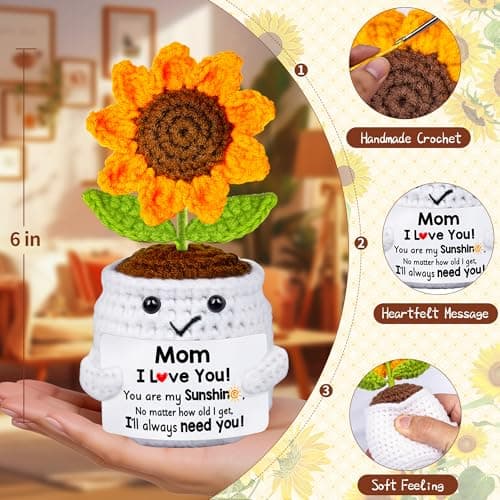 Gifts for Mom, Birthday Gift for Mom, Handmade Crochet Flowers Sunflower for Home Office Desk Decoration, I Love You Gifts for Moms Mama from Daughter Son Kids, Mothers Day, Xmas Present Idea