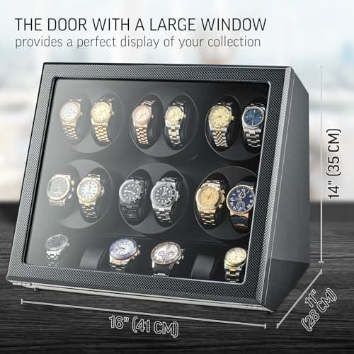 TIMECUBE 12 Watch Winder with 6 Storage Slots, LED Light and Automatic Motor-Stop (Carbon)