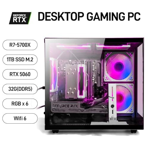 WIWB Gaming PC Desktop Ryzen 7 5700X, GeForce RTX 5060, 32G DDR4 RAM, 1TB NVME SSD, Prebuilt Tower Computer for Gaming, Home VR (Black)