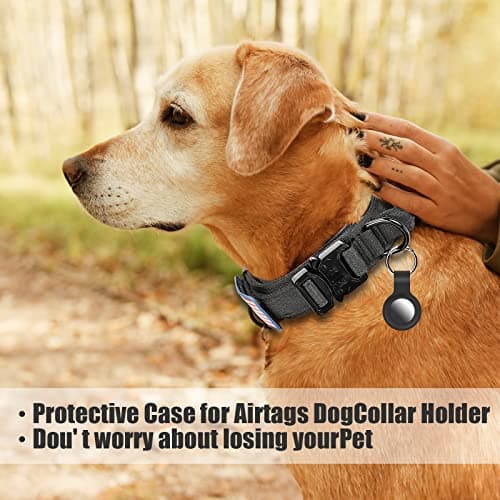 Tactical Dog Collar and Bungee Leash,Military Dog Collar & Leash Set with USA American Flag Adjustable K9 Collar with Heavy Duty Metal Buckle & Handle,with Patches and Airtags Case (L, Black)