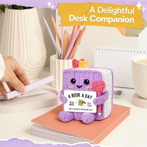 Funny Book-Themed Birthday Book Club Bookish Gifts for Reader, Librarian, Bookworm, Desk Decor, Handmade Book Lovers Gifts for Women, Girl, Book-Shaped Positive Support Crochet B0GL26L547