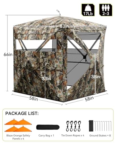 Hunting Blind 360° Silent See Through Blind with Swing Door, 2-3 Person Pop Up Ground Blind with Carrying Bag, Portable Hunting Tent for Deer & Turkey Hunting