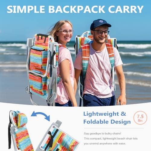 PASAMIC Backpack Beach Chair for Adults Portable, Lay Flat Reclining Beach Chair with 5 Positions, Tall Heavy Duty Folding Chairs with Cup Holder, Cooler Pouch, Towel Bar, Multicolor Stripe